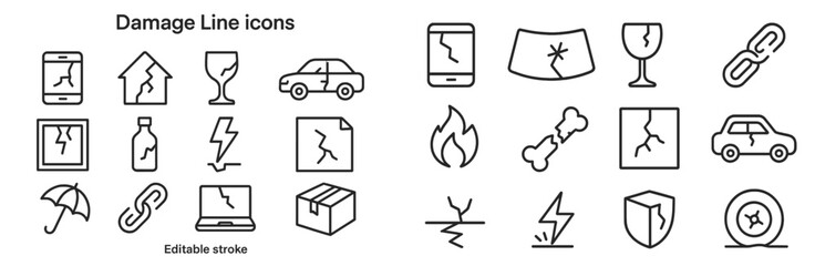 Collection of damage icons representing various broken items and hazards in a simple line art style