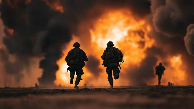 Soldiers running in a battlefield