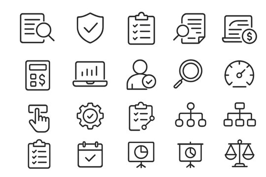 Collection of minimalist icons representing various business and technology concepts suitable for presentations and reports
