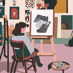 Creative Mind at Work: An artist deeply engrossed in painting, surrounded by artistic tools and finished art pieces, capturing a moment of inspiration and creative expression.