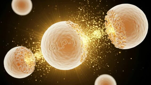 Macro visualization shows hormone particles transferring between spherical cells with spark-like energy, symbolizing cellular communication and metabolic regulation.  - Powered by Adobe