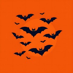 Bats swarm flying halloween spooky orange background minimalist vector art