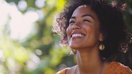 Woman feeling confident and beautiful with a radiant smile that reflects her inner joy