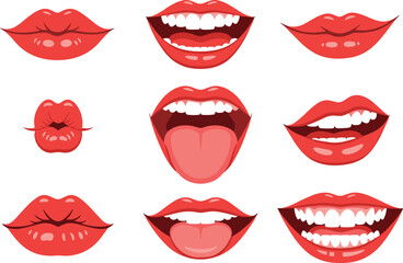 Red lips collection. Vector illustration of sexy woman's lips expressing different emotions, such as smile, kiss, half-open mouth, biting lip, lip licking, tongue out. Isolated on white.