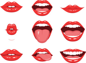 Red lips collection. Vector illustration of sexy woman's lips expressing different emotions, such as smile, kiss, half-open mouth, biting lip, lip licking, tongue out. Isolated on white.