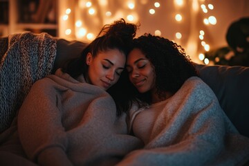 Interracial queer women.Multiracial lesbian couple.Diverse lesbian love.A multiracial lesbian couple cuddling on a couch under a blanket, watching a movie, dim lighting