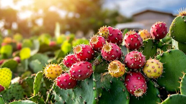 Prickly pear cactus with ripe fruit in sunlight nature