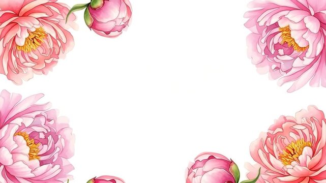 Pink watercolor peonies decorating corners of blank white background with soft shadows.