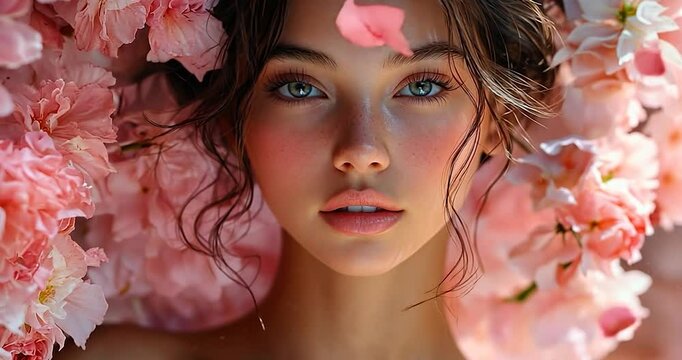 Portrait of a young woman with pink freckles on her face, surrounded by pink flowers in a lush background