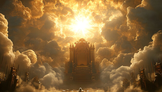 heavenly throne glowing above the clouds, light bursting through the skies, a lamb&rsquo;s shadow at the foot of the throne, scrolls and swords scattered across the floor of heaven