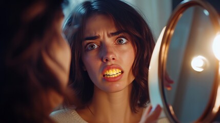 Woman looking at herself in a mirror noticing yellowed teeth from smoking concerned expression soft lighting beauty and health concept