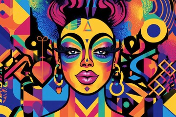 A vibrant, abstract illustration of a drag queen with rainbow hair and makeup, surrounded by geometric patterns and pride symbols.Lgbtq+ drag.Drag queen pride.Pride celebration queen.