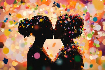 A vibrant, abstract illustration of a lesbians couple sharing a kiss during their wedding ceremony.Lesbian wedding ceremony.Two women wedding.Female couple vows.Same-sex marriage.