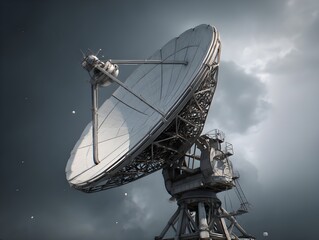 Harness the power of connectivity with a dramatic telephoto shot of a satellite dish scanning the skies for next-gen communications