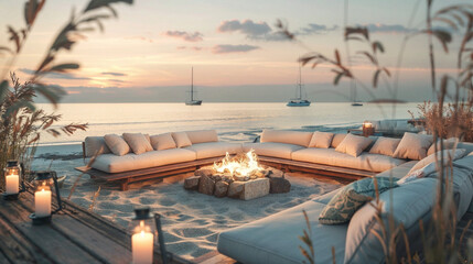 Luxurious beachfront lounge setup with modern sectional sofas around crackling fire pit, ambient candles, and sailboats anchored in calm ocean waters during golden sunset