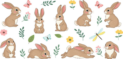 Naklejka premium Rabbits collection. Vector illustration of cute cartoon brown bunny in different poses and actions: sitting, jumping laying. Isolated on white