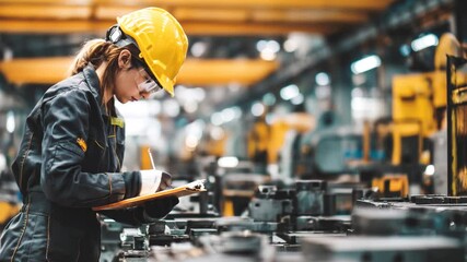 Professional female mechanical engineer wearing safety glasses and hardhat inspecting and taking notes on a clipboard in a factory