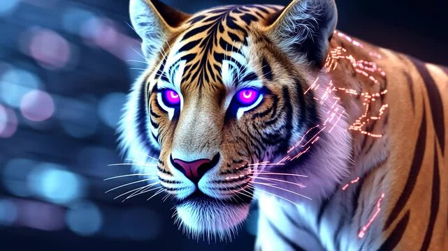 Glowing tiger with neon accents blending wildlife and modern technology
