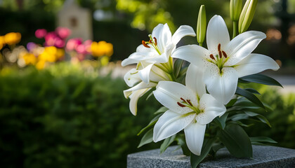 White lilies on tombstone outdoors. Funeral ceremony