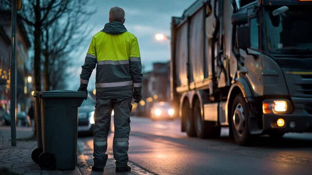 Garbage collector wearing high-visibility clothing waiting on the garbage truck at dusk in a city street