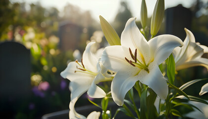 White lilies on tombstone outdoors. Funeral ceremony