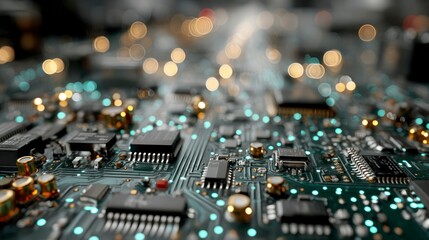 Obraz premium CloseUp of a Circuit Board with Bokeh Lights Highlighting Technology and Electronics