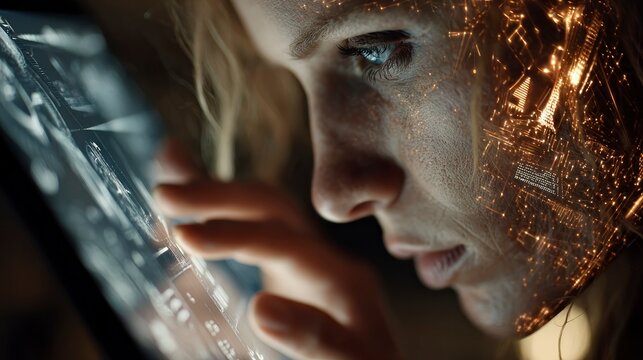 Closeup of a person interacting with a futuristic digital interface