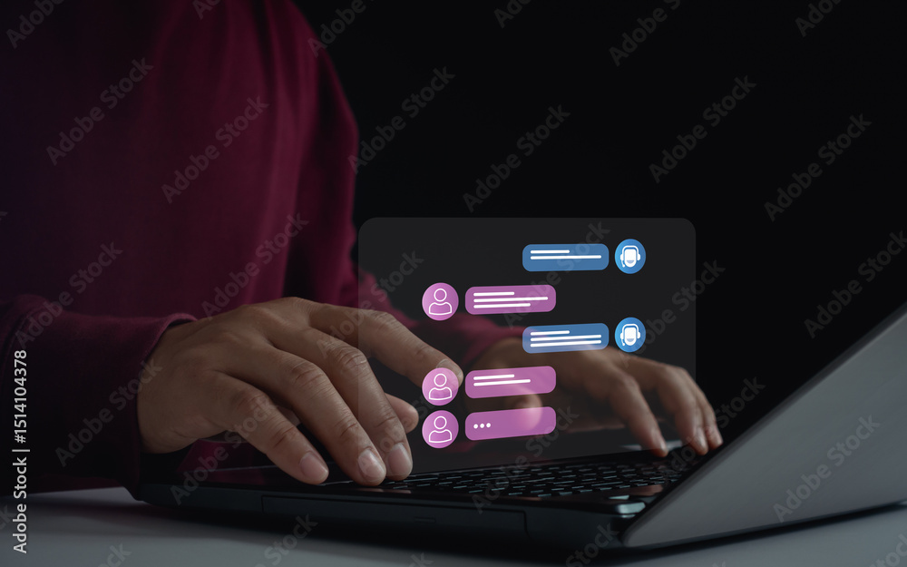 Wall mural person use online customer service live chatting to get support with chat bot conversation assistant