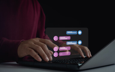 Person use online customer service live chatting to get support with chat bot conversation...