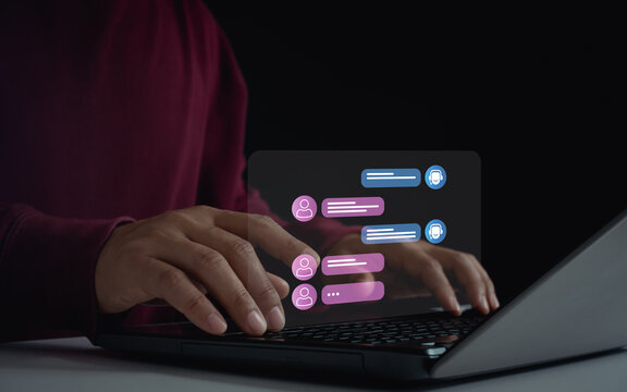 Person use online customer service live chatting to get support with chat bot conversation assistant automatic answering machine. Artificial intelligence, CRM software, AI agent automation technology. - Powered by Adobe