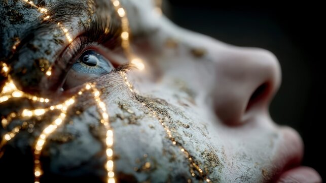 Enchanting CloseUp of a Face with Glitter and Fairy Lights Capturing Magical and Ethereal Bea