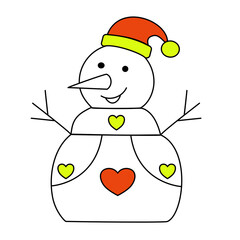 Cute minimal snowman illustration with heart decorations and red-yellow hat. Fun and cheerful winter design on white background, perfect for holiday projects.