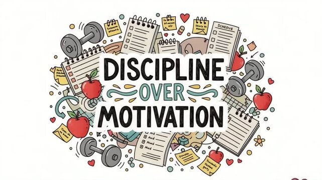 Hand-drawn motivational typography Discipline Over Motivation with fitness elements, apples, weights, and notes on a white background