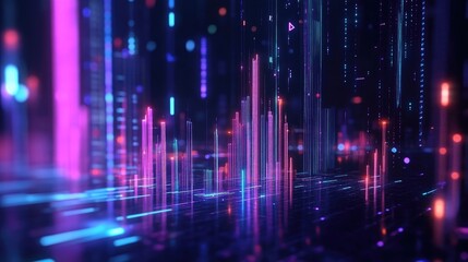 Colorful vertical digital bars and data streams in pink, orange, and cyan tones over dark reflective grid surface in abstract cyber environment. Generative by AI