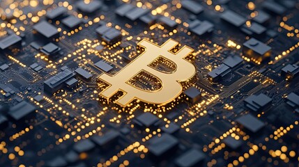 Golden Bitcoin symbol integrated into circuit board with glowing connections and microchip components in close-up view. Generative by AI