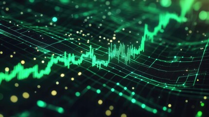 Obraz premium Green glowing data points forming wave-like pattern in dark background with digital depth and blurred bokeh lights. Generative by AI