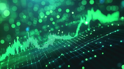 Fototapeta premium Green glowing data points forming wave-like pattern in dark background with digital depth and blurred bokeh lights. Generative by AI