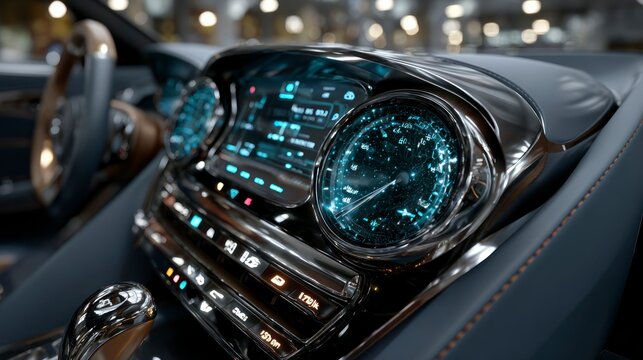 Futuristic Car Dashboard with Digital Gauges and HighTech Display for Modern Automotive Design