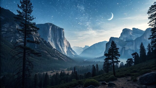 Majestic mountain landscape view with sunrise or sunset over snow-capped peaks, green valleys, and a sky filled with clouds