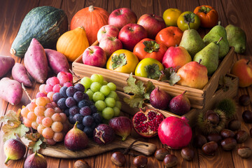 【秋の野菜と果物】秋に収穫を迎えた野菜と果物。シャインマスカット・巨峰・ゴルビー・クインニーナ・無花果・ざくろ・栗・薩摩芋・マッシュルーム・エリンギ・南瓜・柿・林檎・洋梨