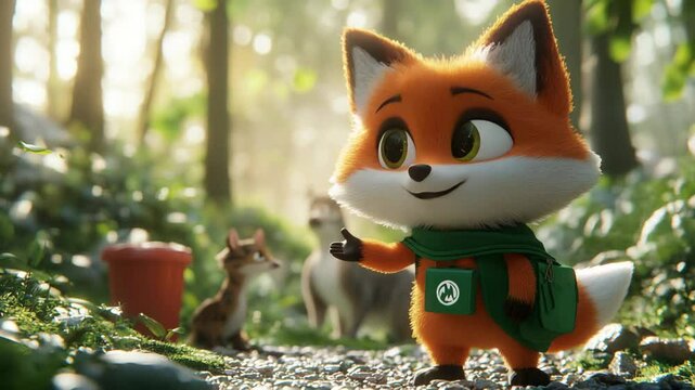 A cute 3D Fox Character taking against a whimcial colorful background. Childrens book / Storytelling Concept