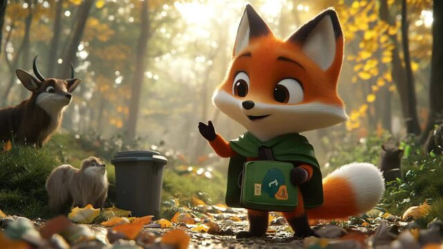 A cute 3D Fox Character taking against a whimcial colorful background. Childrens book / Storytelling Concept