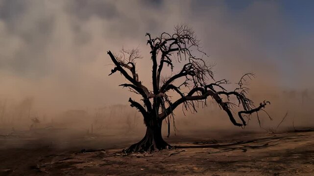 Dead tree stands alone in a scorched and smoke-filled landscape with ash and haze covering the ground, symbolizing environmental devastation and loss