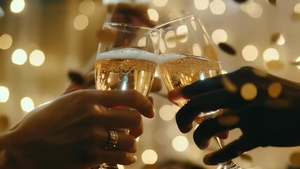 Close-up of champagne flutes toasting in celebration, confetti falling, and bokeh lights. Festive cheer and special occasion vibes captured. - Powered by Adobe