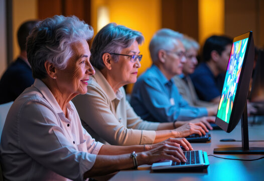 Elderly women and men using computers in a modern classroom or training center