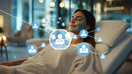 Woman receiving facial treatment with digital interface overlay for beauty or wellness technology - Powered by Adobe