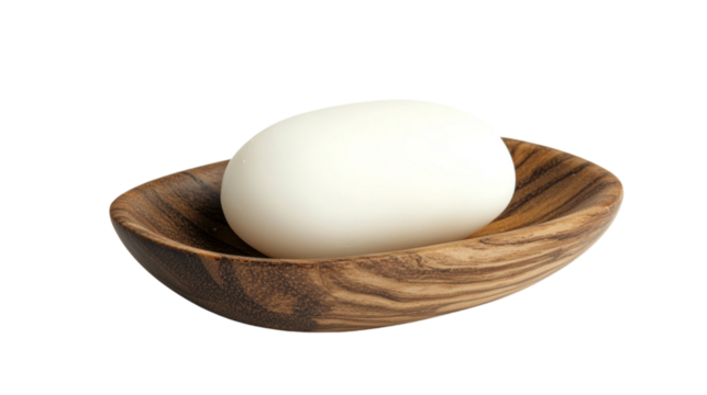 White soap bar resting on wooden dish in minimalist style  