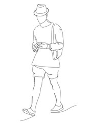 Man in hat using phone and walking. Continuous line drawing. Black and white vector illustration in line art style.