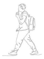 Man with backpack walking and drinking on the go. Side view. Continuous line drawing. Black and white vector illustration in line art style.