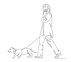 Woman with dog dachshund walking. Side view. Continuous line drawing. Black and white vector illustration in line art style.